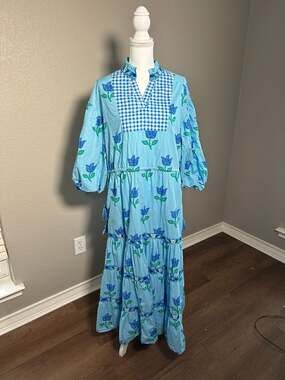 Printfresh The Way Around Dress in Tulip Bloom Light Blue Floral Gingham